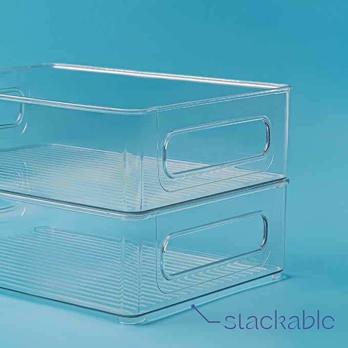 Plastic Food Storage 2 pack Clear Container Bin with Handles for Organizing Kitchen, Pantry, Refrigerator, Freezer, Pantry, Cabinet, Closet, Bathroom. Stackable 10”x8”x3”