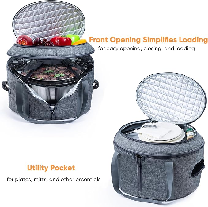 BAGSPRITE Double-layer Slow Cooker Carrying Case Compatible with 6-8 Quart Crockpot Carrier for Hot Food and Hamlton Beach Slow Cooker Tote with Lid Fastener for Crock-pot Dust Cover Applicances