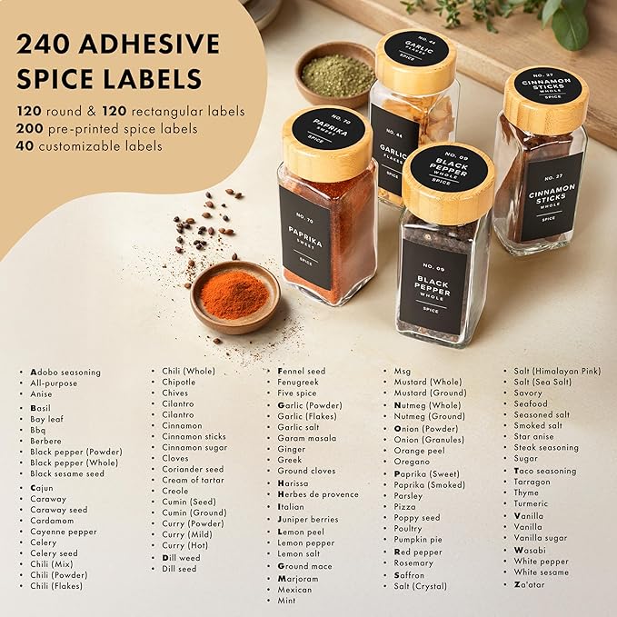 EDELHAUS® Square Spice Jars with Bamboo Wooden Lid (Pack of 24) Spice Jars with Shaker Insert and 240 Labels - Bamboo Lid Glass Container for Spice Organisation [4.3 in × 1.8 in]