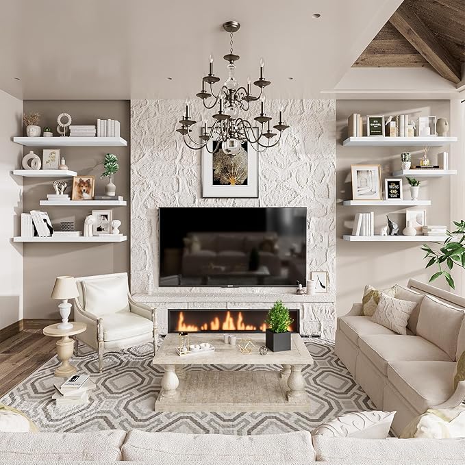 Heimlove 55 x 12 inch Extra Long Floating Shelves for Wall, 12 Inch Deep Floating Shelves, Large Display Shelf & Storage Shelf for Living Room Bedroom Kitchen Home Office, Set of 2, White