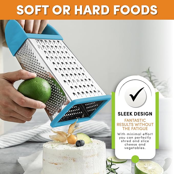 Spring Chef Professional 10" Stainless Steel Parmesan Cheese Grater with Handle, 4 Sided Handheld Box Grater, Kitchen Food Shredder for Potato, Cheese, Ginger, Veggie - Aqua Sky