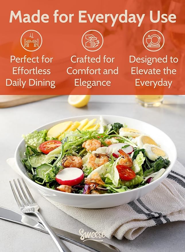 Sweese Large Salad Serving Bowls, 30 Ounce Porcelain White Pasta Plates Set of 6, 8.4 Inch Pasta Bowls for Dinner, Salad - Microwave Dishwasher