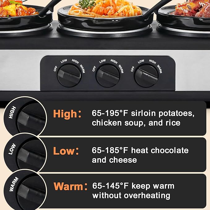 Triple Slow Cooker Buffet Server Food Warmer with 3 Adjustable Temperature Modes, Slow Cooker with 1.5 QT Ceramic Pot, Removeable Glass Lid and 3 PVC Spoons, Dishwasher Safe, Stainless Steel