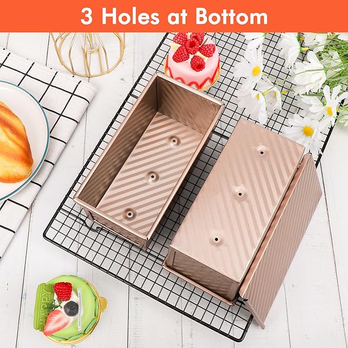 Beasea Pullman Loaf Pan With Lid, 2 Pack 0.5 lb Small Non-Stick Carbon Steel Mini Toast Box for Homemade Bread Oven Baking - Rose Gold