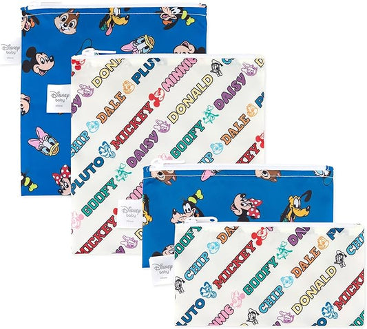 Bumkins - Cloth Snack & Sandwich Bags - For Storage, Travel, Food Prep, Lunch - Reusable, Water Resistant, Washable, Dishwasher Safe - Snack Bags for Kids -Zipper Closure -Mickey & Friends MVP -4 Pack