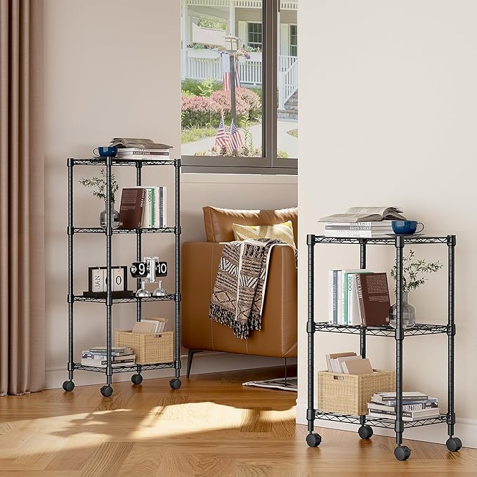 3 Tier Shelf Metal Storage Shelves Wire Rack Closet Organizers with Wheel for Garage Kitchen Bathroom Laundry Black 11.8" D x 17.7" W x 29.8" H