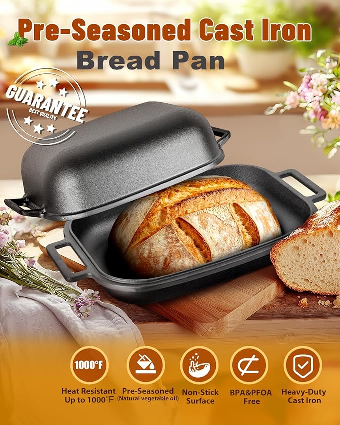 Cloche Loaf Dutch Oven, Pre-Seasoned, 9.5QT, 13 LBS Heavy Duty, Non-Stick, Large Bread Loaf Pan, Oval Cast Iron Bread Pan With Lid, Cloche Homemade Loaf Pan, Sourdough Artisan Bread Baking Pan