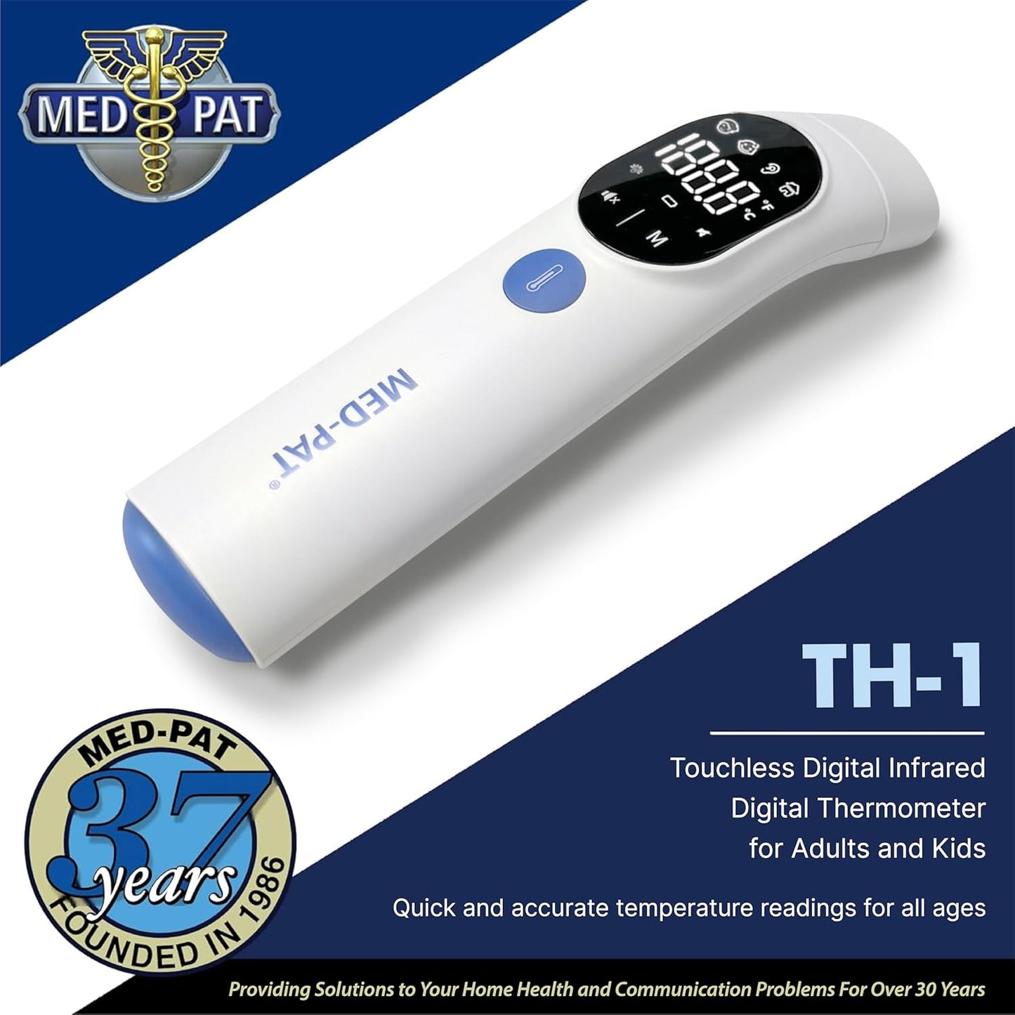 Med-Pat TH-1 Touchless Digital Thermometer - Infrared 1-Second Result - - Baby, Kids, Adults - Temperature Fever Alert, HD Color - Forehead & Ear Mode - Auto-Light & Silent Mode