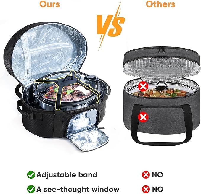 Insulated Slow Cooker Carrying Bag for 6-8 Quart CrockPot and Hamilton Beach Slow Cooker with See-thought Window, Portable Carrier Case with Adjustable Band and Accessory Pocket
