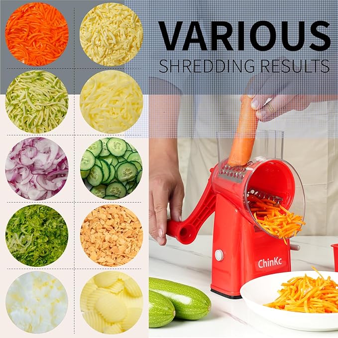 Rotary Cheese Grater Shredder - Upgraded 5 in 1 Cheese Grater with Handle and Strong Suction Base, Multi-purpose Julienne Slicer Ice Shaver Nuts Grinder for Ice, Vegetables, Fruit, Nuts