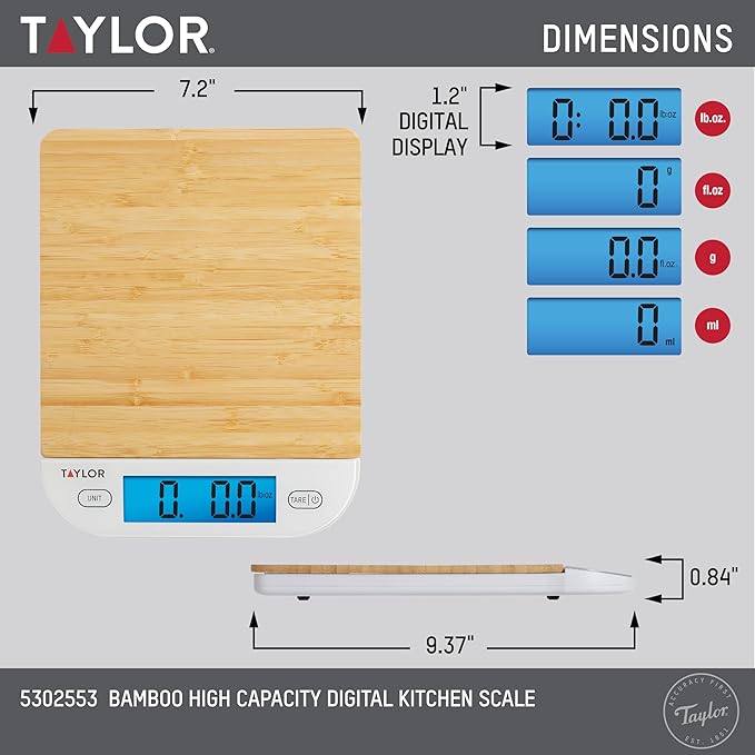 Taylor Digital Eco-Friendly Bamboo Kitchen Food Scale, 15 Pound Capacity, Natural