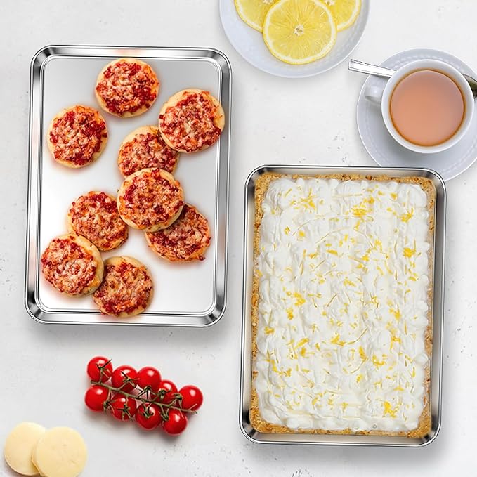 Homikit 2 Pack Baking Sheet, 9 x 7 Inches Stainless Steel Cookie Tray Set for Cooking Toasting, Mini Metal Cookie Toaster Oven Baking Pan Non Stick, Rustproof & Mirror Finish, Dishwasher Safe