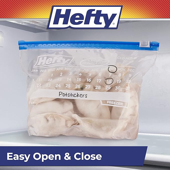 Hefty Calendar Slider Quart Freezer Bags, 1 Quart Slider Bags with Stand and Fill Expandable Bottoms, Helps Prevent Freezer Burn, 35 Count (Pack of 4)