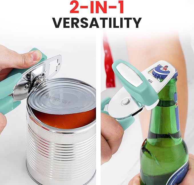 Zulay Kitchen Heavy Duty Stainless Steel Manual Can Opener – Ergonomic Soft Grip Handles, Smooth Edge Cutting Wheel & Large Built In Bottle Opener – Easy Turn Knob for Effortless Use - Mint