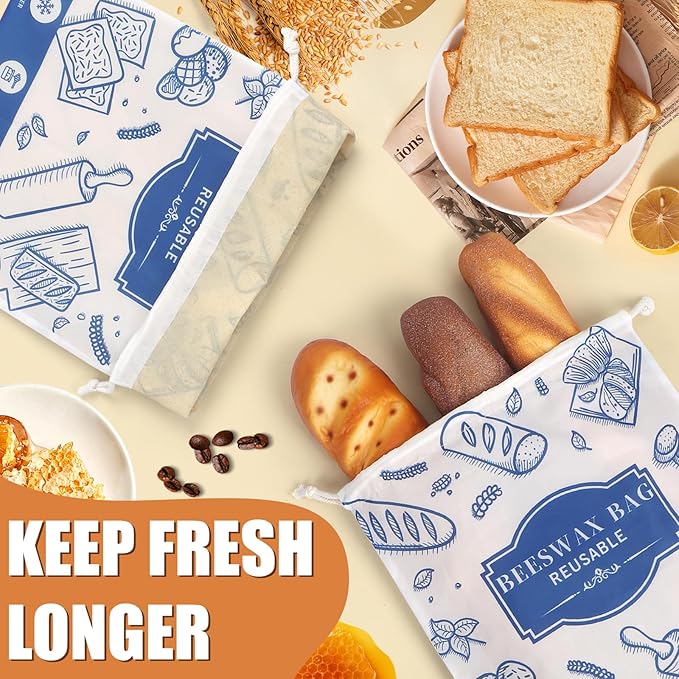 2-Pack Beeswax Bread Bags for Homemade Bread，Reusable Sourdough Storage Bags with Premium Beeswax Coating for Loafs Baguette Fresh Keeping,Great Baking Essentials and Gifts for Families & Friends.