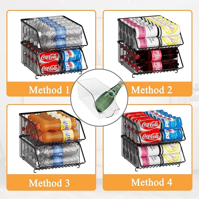 GILLAS 2 Pack Stackable Soda Can Organizer with Dividers for Refrigerator, Can Holder Dispenser Canned Food Organizer, Beverage Storage Basket Rack Drink Organizer for Fridge, Kitchen, Pantry, Black