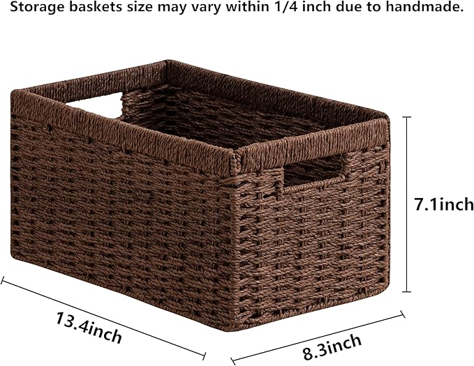 UBBCARE 2 Pack Wicker Basket, 13.4L×8.3H×7.1W inch Woven Paper Rope Storage Baskets for shelves, Foldable Rectangular Storage Baskets with Handle, Storage Basket for Organizing, Dark Brown