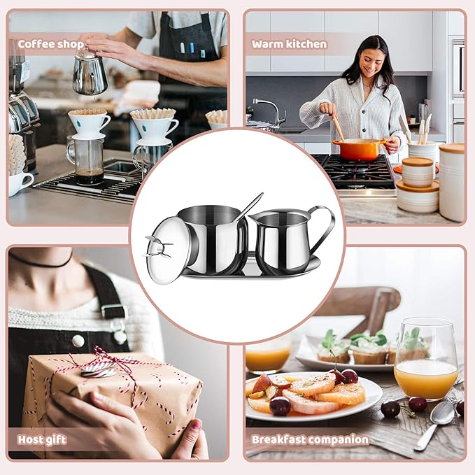 Creamer and Sugar Bowl Set Stainless Steel Latte Milk Cup Cream Jug and Sugar Bowl with Lid Spoon Tray for Coffee Serving Set Frothing Milk