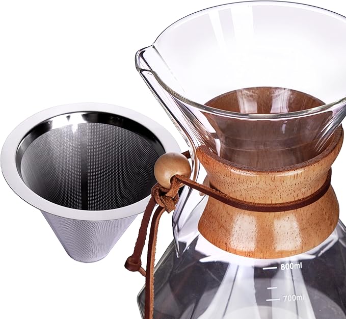 AGOGO Pour Over Coffee Maker Glass - 6/8/10 Cup Barista Kit with 304 Stainless Filter for Home, Office, Camping, Cafes - Easy Clean Coffee Dripper Set (Rag&Brush Included) (8 Cup/28 oz-Diamond Shape)