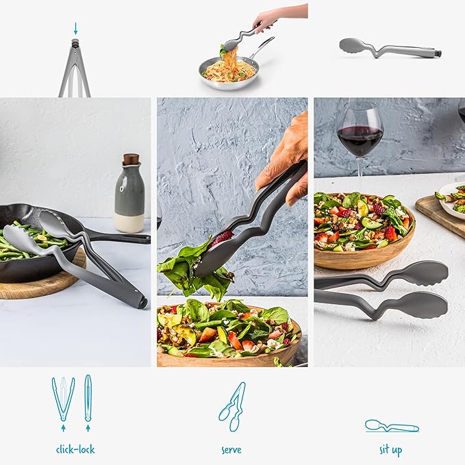 Dreamfarm Clongs Lite Nylon Kitchen Cooking Tongs with Click-Lock Open & Close - 10.5" Gray