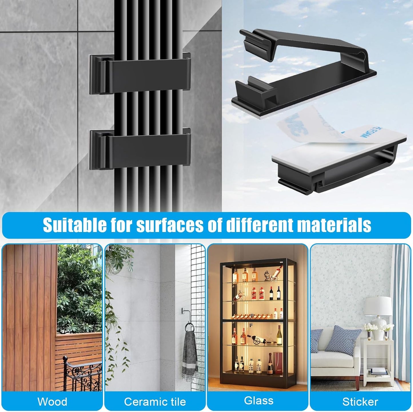 XHF 80 PCS Self Adhesive Cable Clips(XL) Black,Wire Clips Cable Management Wire Organizer Cord Holder for Under Desk, Car, Wall, TV PC Ethernet Cable