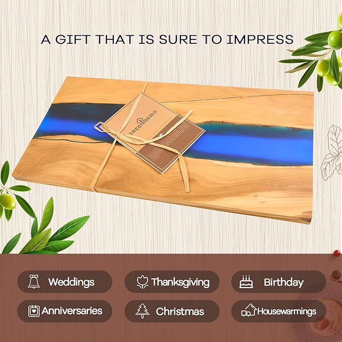 Italian Olive Wood luxury Cheese board with Resin, Charcuterie board, Chopping and Cutting Board for Meat Vegetable & Fruit, Wooden Epoxy Serving Board (Blue)