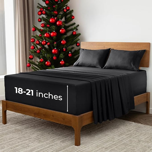 Mellanni Extra Deep King Sheets - 4 PC Iconic Collection Bedding - Hotel Luxury, Ultra Soft, Cooling Bed Sheets - Wrinkle, Fade, Stain Resistant (King, Black)