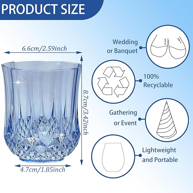 48 PCS Blue Stemless Wine Glasses，Plastic Reusable Cups 9OZ Vintage Drinking Glasses Tumblers for Whisky, Beer, Juice, Beverages, Cocktai