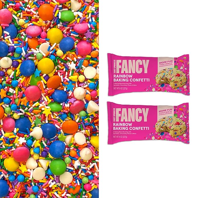 Fancy Sprinkles Rainbow Baking Confetti Sprinkles and Chocolate Pieces, Crunchy Jimmies, Chocolate Gems, Candy-Coated Chocolatey Morsels, Star Confetti Pieces, And White Morsels 8 oz Bag (2 Pack)
