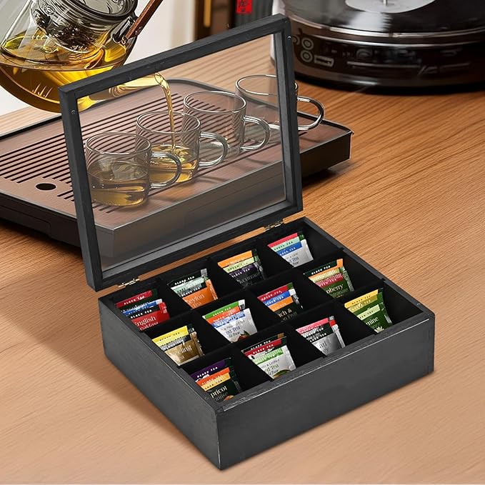Wood Big Black Tea Bag Organizer Storage Box 12-Compartment Multi-Functional Box,Vintage Tea Case.
