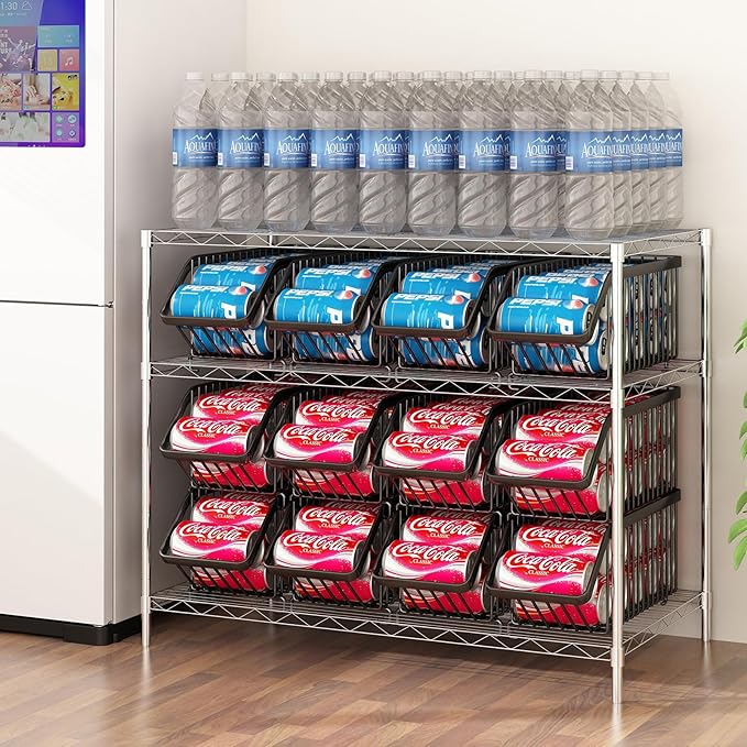 GILLAS 6 Pack Stackable Soda Can Organizer for Refrigerator, Can Holder Dispenser, Canned Food Storage Rack for Fridge, Kitchen, Countertops, Cabinets, Black