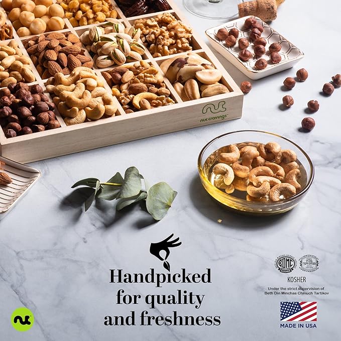 NUT CRAVINGS Gourmet Collection - Sympathy Condolence, Nuts Gift Basket with Sympathy Ribbon + Greeting Card in Reusable Wooden Tray (12 Assortments) Food Platter Healthy Snack Care Package, Food Assortments