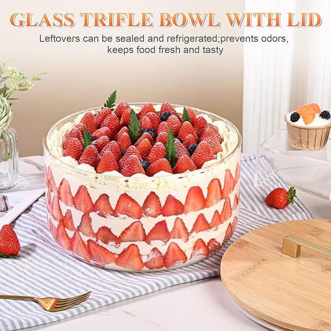 Large Salad Bowl, 10 inch Trifle Bowl Glass with Sealed Lid, Versatile Mixing and Serving Bowl for Laying Ice Cream,Cake,Cupcake,Salad,Fruit,Baking,Dessert and Party Diy, Microwave Safe