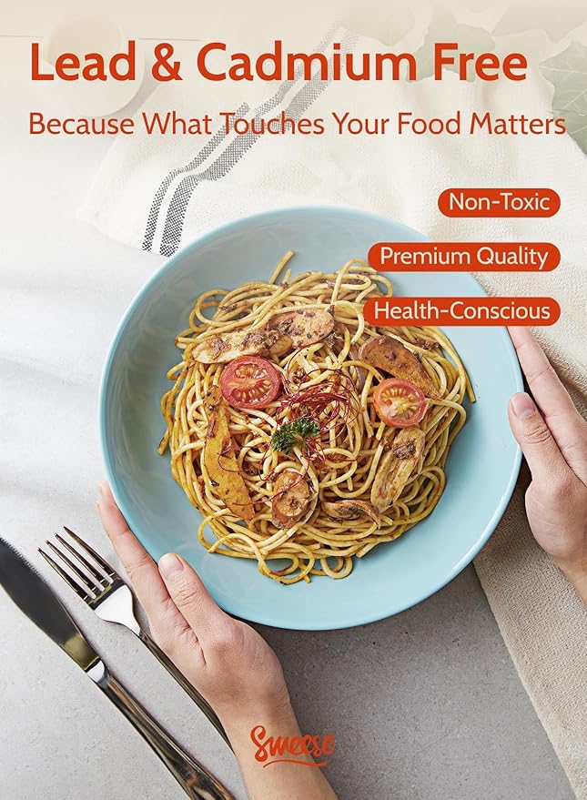 Sweese Pasta Bowls, 30 Ounce Salad Serving Bowls Set of 6, 8.4 Inch Porcelain Plates for Serving Dinner, Salad - Microwave Dishwasher Safe, Cool Assorted Colors