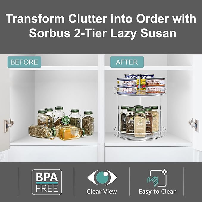 Sorbus 9 Inch 2 Tier Clear Lazy Susan Organizer, Turntable Organizer for Spice Organization for Cabinet, Lazy Susan Turntable for Kitchen, Home, Office, Closet, Classroom, Laundry Room Organization