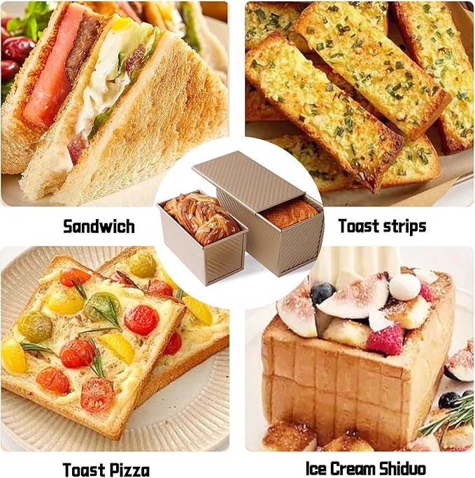 2 Pack Pullman Loaf Pan with Lid, 1 lb/0.5 lb Dough Capacity, Carbon Steel Corrugated, Non-Stick Sandwich Bread Loaf Pan with Lid