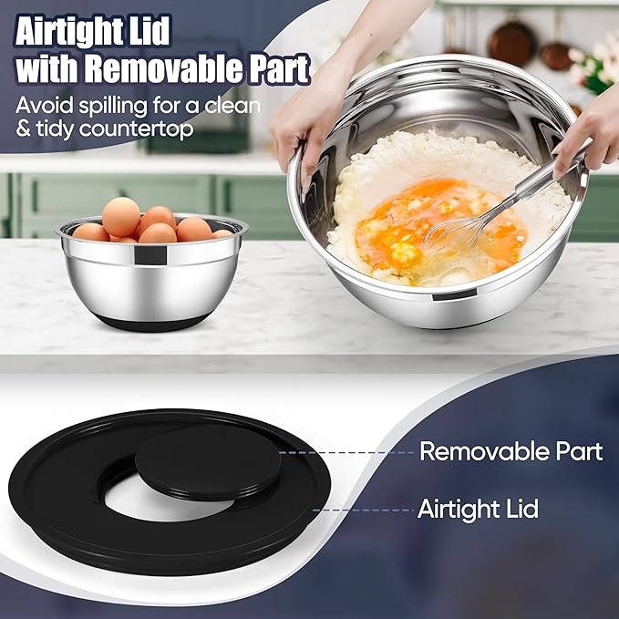 E-far Stainless Steel Mixing Bowls with Lids Set, 5-Piece Nesting Salad Bowls with 3 Grater Attachments and Non-Slip Bottoms, Size 4.6, 2.6, 2, 1.5, 1QT for Kitchen (Black)