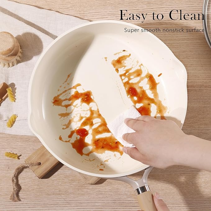 CAROTE 10" Ceramic Saute Pan wilt Lid, Non Stick Frying Pan Skillet Chef's Pan, Healthy & PFOA/PFAS Free, Induction-Compatible, Taupe