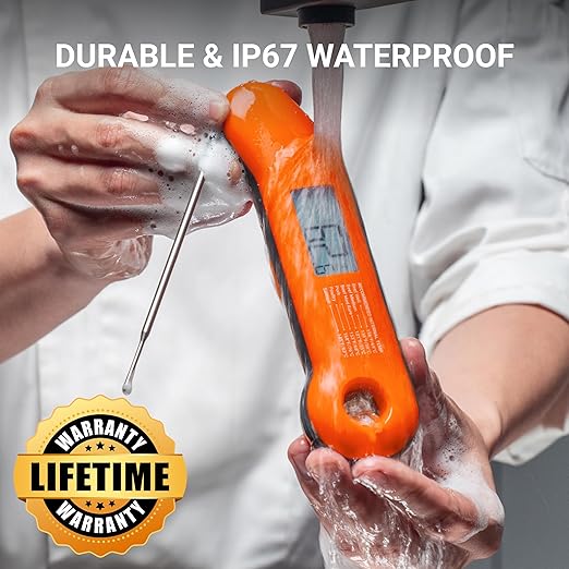Professional Meat Thermometer Digital, Ultra-Fast 0.5 Sec Instant Read, NIST Certified ±0.5°F Accuracy, 100% Waterproof, Auto-Rotating Backlit Display, Lift-to-Wake, for BBQ/Candy, Orange&Gray