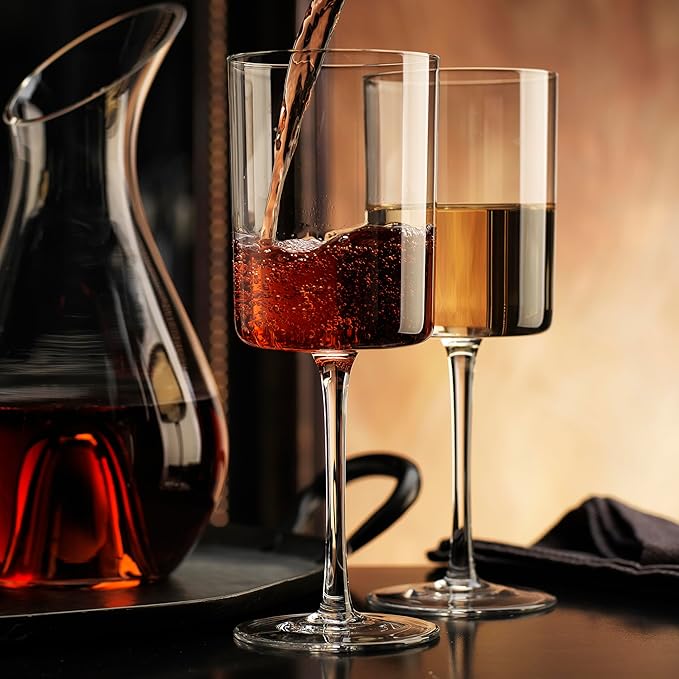 Square Wine Glasses Set of 4-16 oz - Crystal Wine Glass Set in Gift Packaging - Large Red Wine Glass on Long Stem - Housewarming Gifts New Home - Glasses Drinking Set - For White & Red Wine