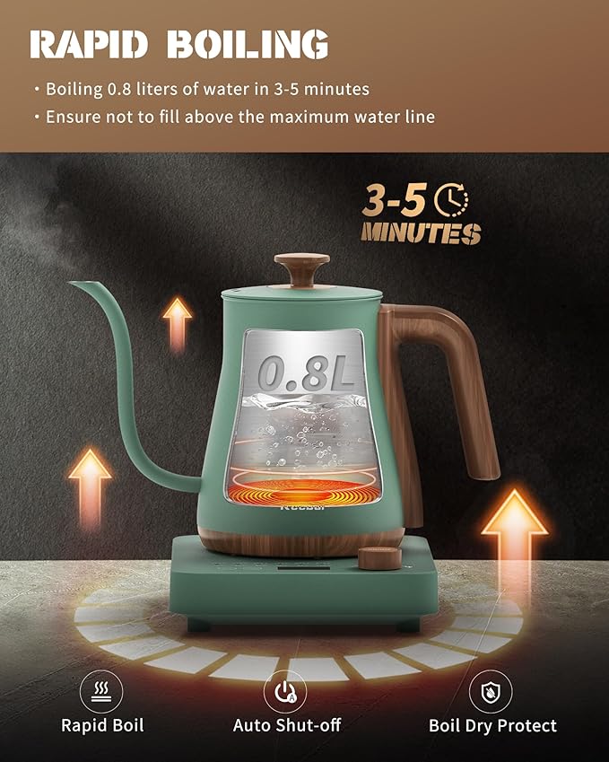 Electric Kettle, 1000W Quick Heating Gooseneck Kettles, 0.8L/27.05oz, 0.8mm Ultra-Fine Spout, Precise Water Flow Control, 304 Stainless Steel Inner, Auto Shut-Off, Boil Dry Protection, Matte Green