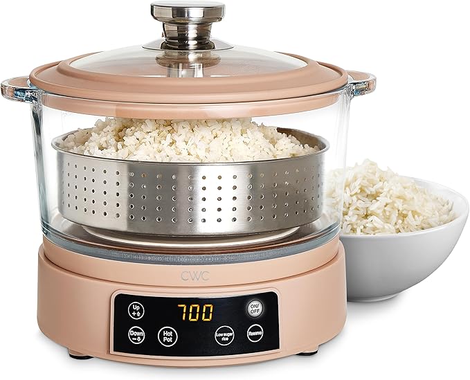 COOK WITH COLOR 3L Glass Low Carb Rice Cooker - Makes 6 Cups Low Sugar Rice with Auto Lift Filter Basket, Hotpot & Steamer for Rice, Grains and Oats, Digital Panel with Keep Warm Function, Blush
