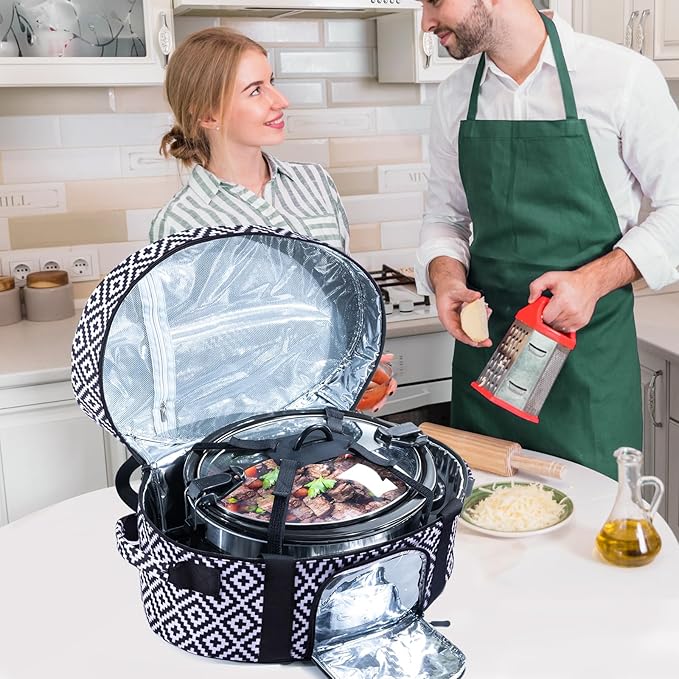 Insulated Slow Cooker Carrying Bag for 6-8 Quart CrockPot and Hamilton Beach Slow Cooker with See-thought Window, Portable Carrier Case with Adjustable Band and Accessory Pocket