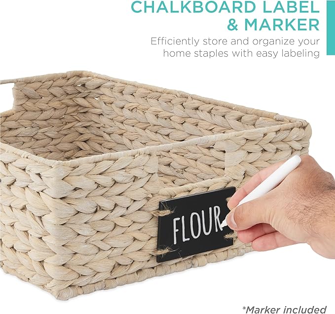 Best Choice Products Set of 4 16x12in Large Water Hyacinth Pantry Baskets, Woven Organizers w/Chalkboard Label, Chalk Marker - White
