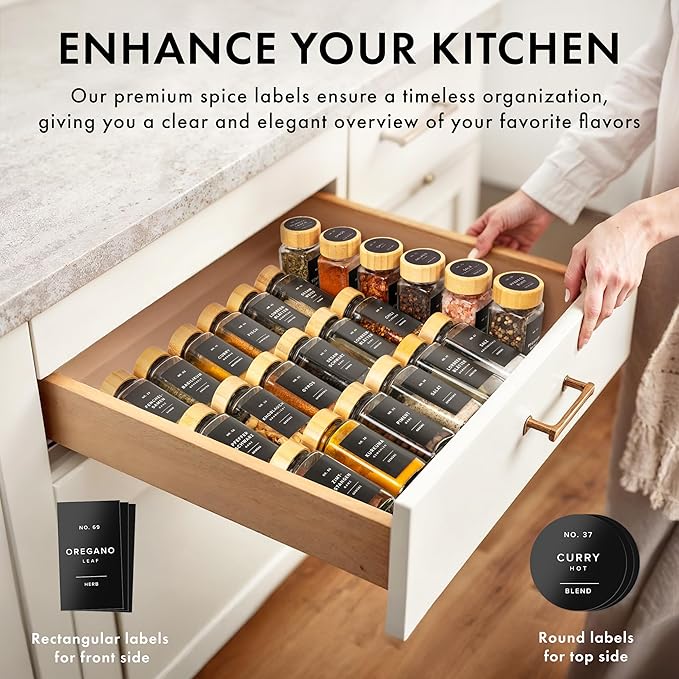 EDELHAUS® Square Spice Jars with Bamboo Wooden Lid (Pack of 24) Spice Jars with Shaker Insert and 240 Labels - Bamboo Lid Glass Container for Spice Organisation [4.3 in × 1.8 in]