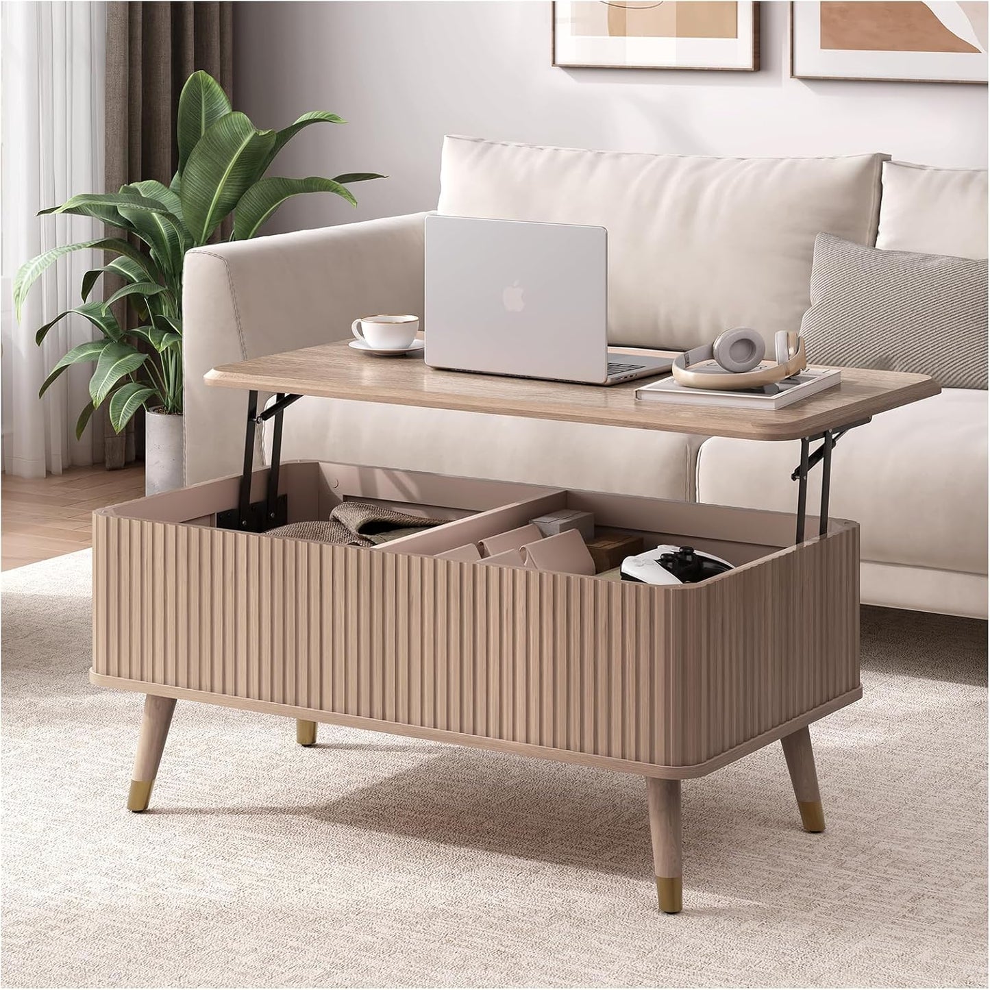 Lift Top Coffee Table, Mid Century Modern Coffee Table with Hidden Storage Compartment, 38" Fluted Center Table for Living Room, Home Office, Natural Oak