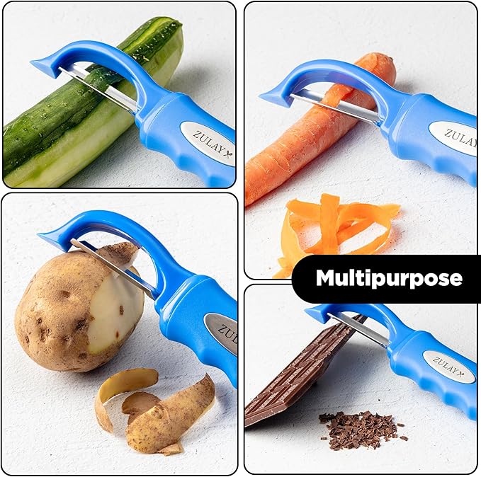 Zulay Kitchen Premium Vegetable Peeler for Kitchen - Swivel Peeler with Razor Sharp Stainless Steel Blades & Strong Ergonomic Handle - Dishwasher Safe, Easy To Use with Blemish Remover - Blue
