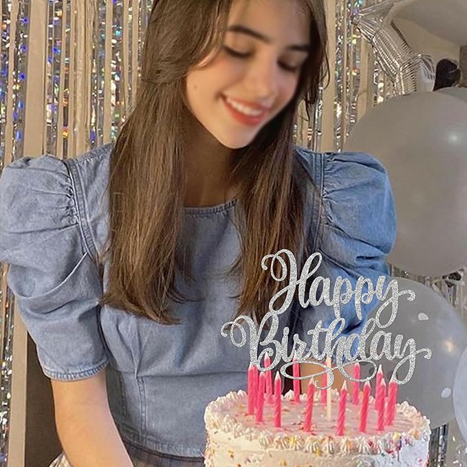 ZHUOWEISM 1 PCS Happy Birthday Cake Topper Glitter Happy Birthday Cake Pick for Celebrating Happy Birthday Anniversary Party Cake Decorations Supplies Silver