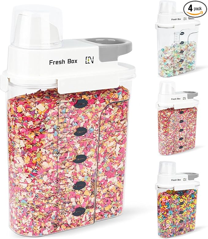 Cereal Storage Container 4Pack,85oz/2.5L Airtight Food Storage Containers With Lids,Organizers Storage With Measuring Cup for Beans,Sugar,Rice,Nuts,Snacks,Pet Food,Candy