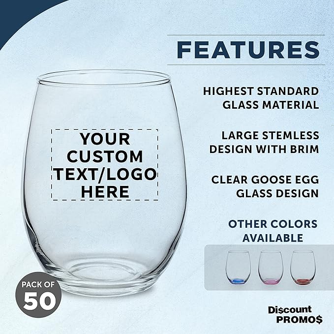 Custom Stemless Wine Glasses by ARC Perfection 15 oz. Set of 50, Personalized Bulk Pack - Restaurant Glassware, Perfect for Red Wine, White Wine, Cocktails - Clear
